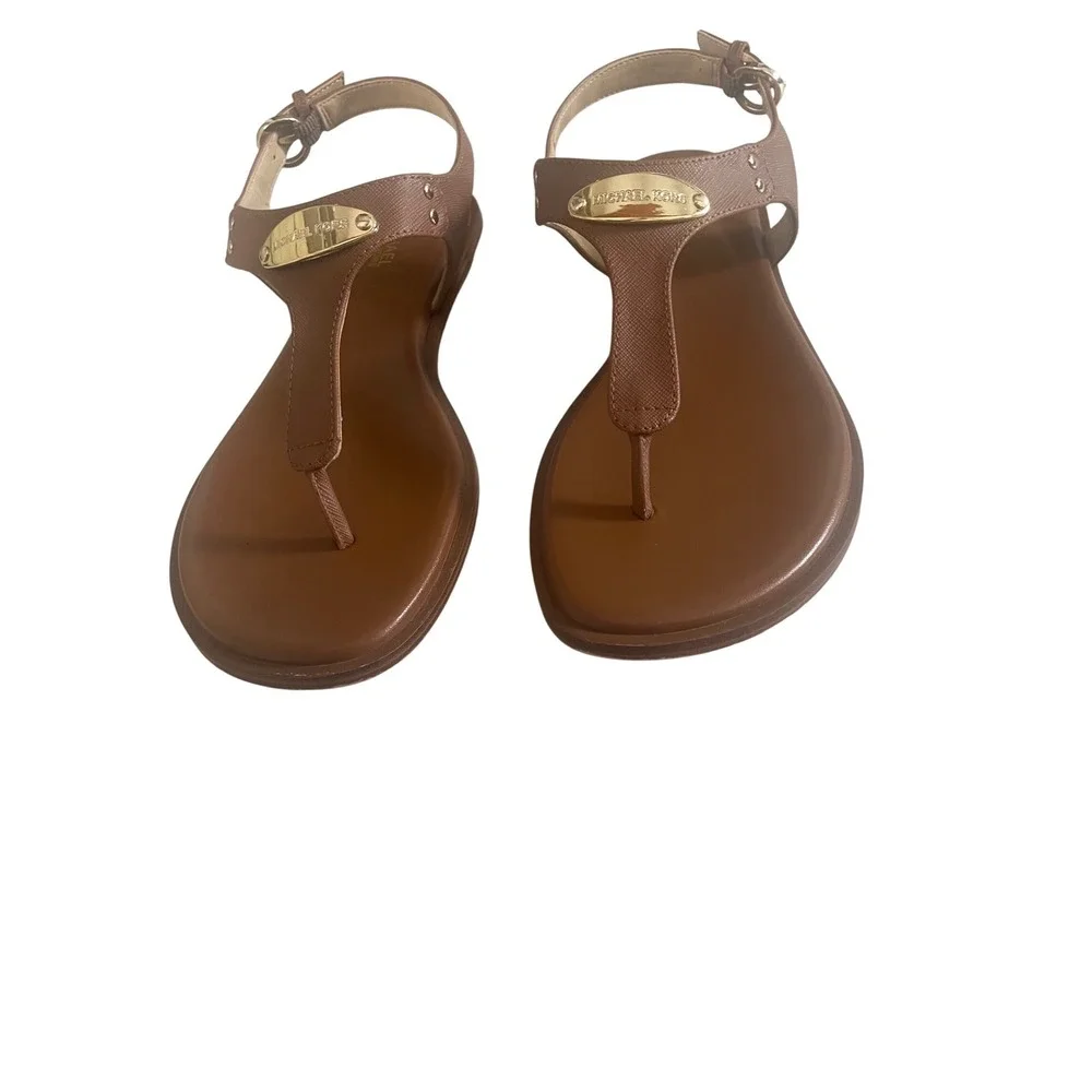 Michael Kors MK Plate Thong Sandals in Luggage‎ Saffiano Leather – Size 8M